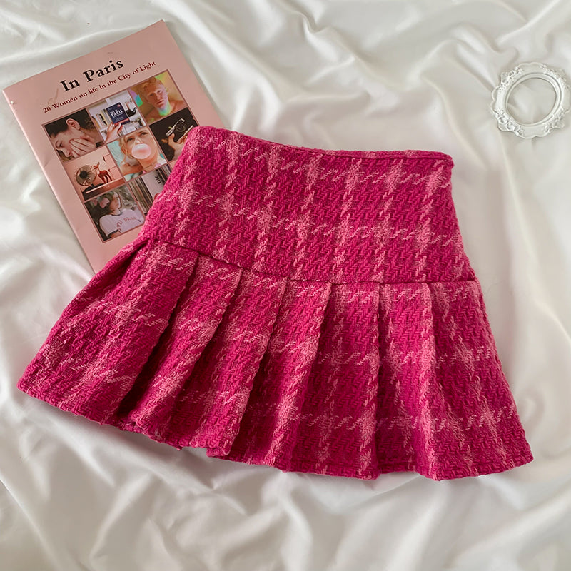 Tweed Plaid Blazer Skirt Set (Hot Pink)