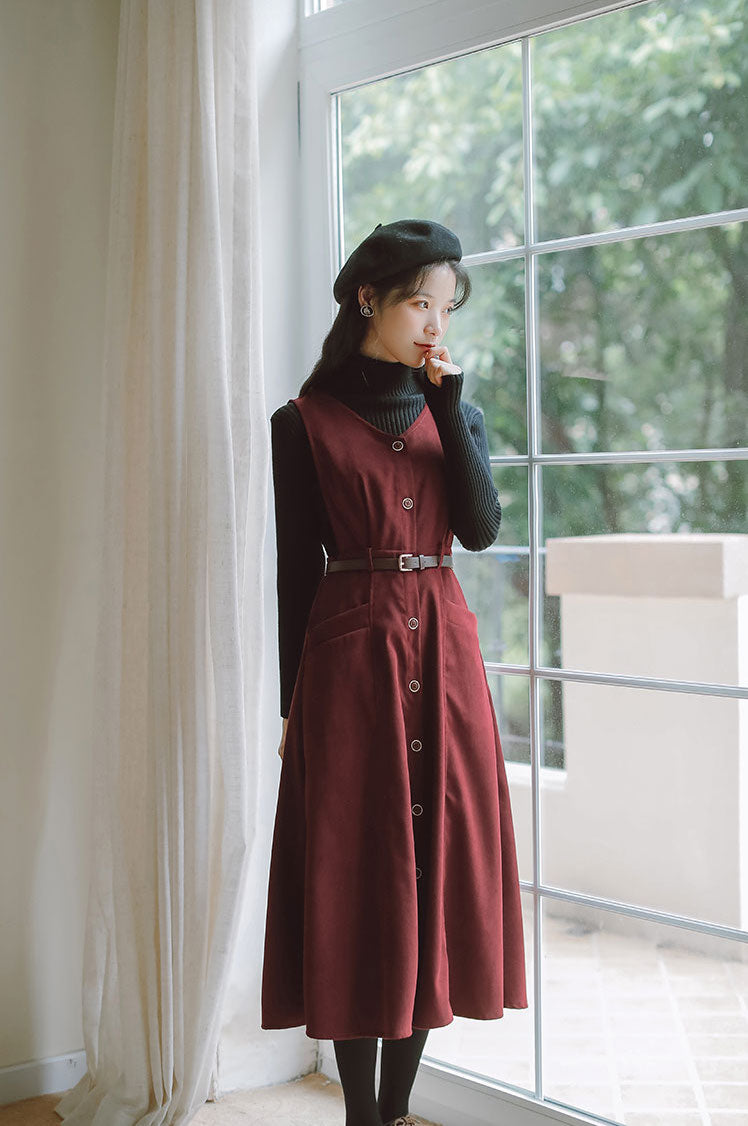 Button Up Suede Pinafore Dress (4 Colors)