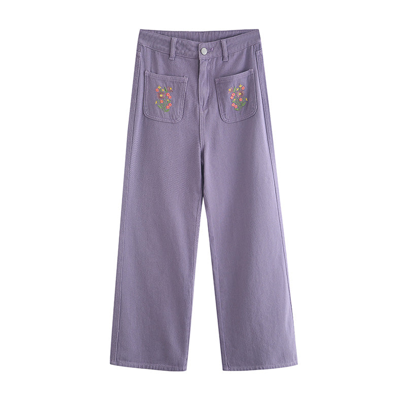 Embroidered Floral Pocket Jeans (Purple)