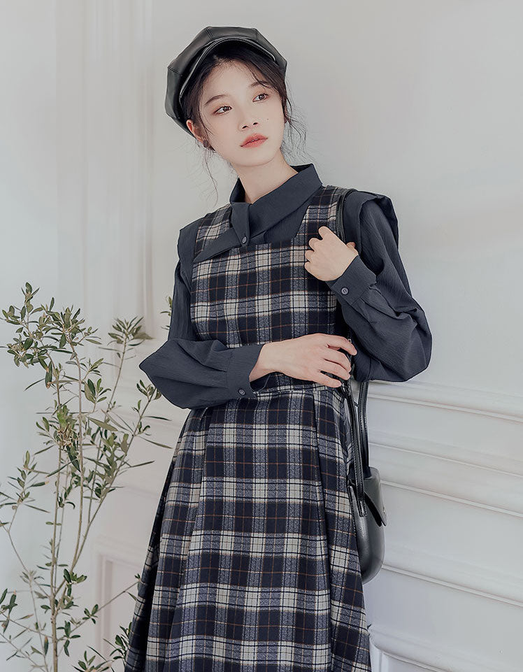 Crepe Plaid Pinafore Dress Set (2 Colors)