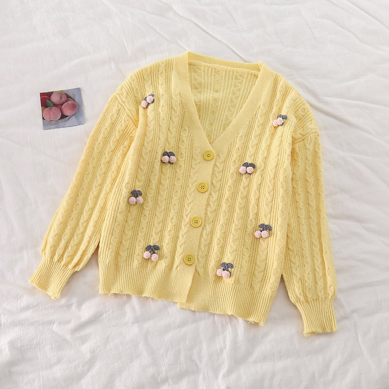 Cherry Pom Pom Cardigan (4 Colors)