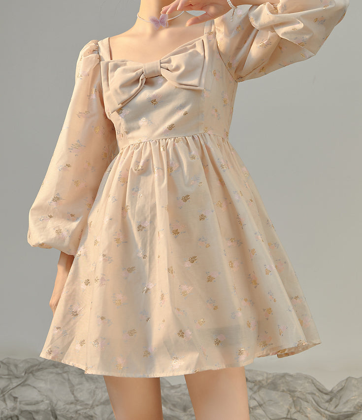 Puff Sleeve Bow Floral Jacquard Dress (Beige)