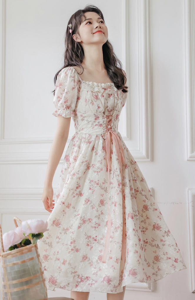 Cherry Blossom Lace Up Dress (White/Pink)
