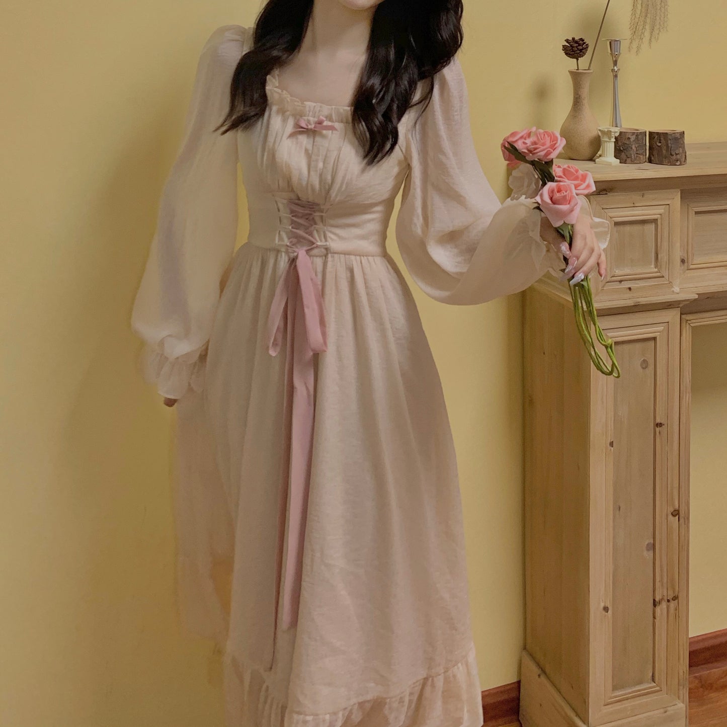 Meadow Corset Midi Dress (White/Pink)