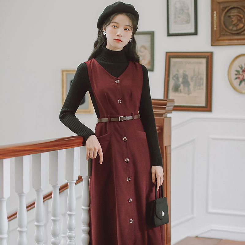 Button Up Suede Pinafore Dress (4 Colors)