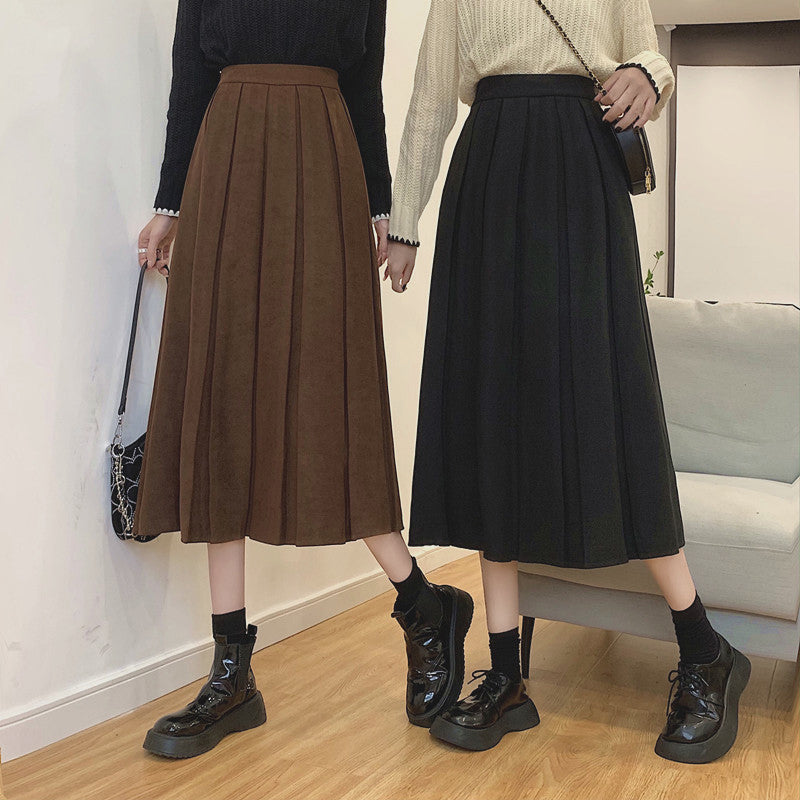 Corduroy Suede Pleated Midi Skirt (6 Colors)