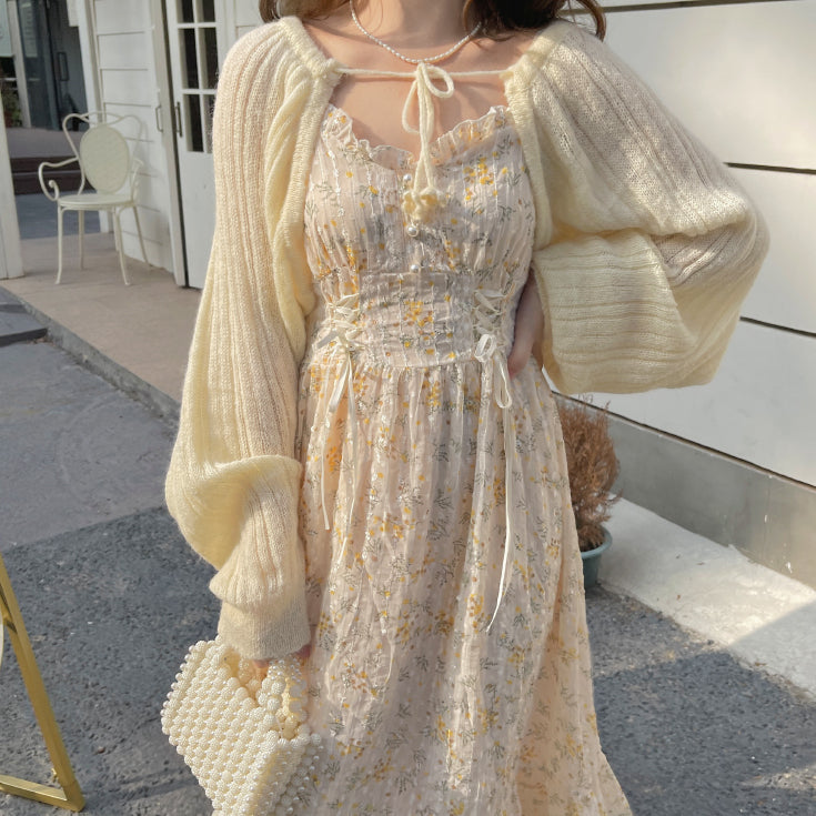 Ditsy Floral Lace Up Midi Dress (Cream/Yellow)