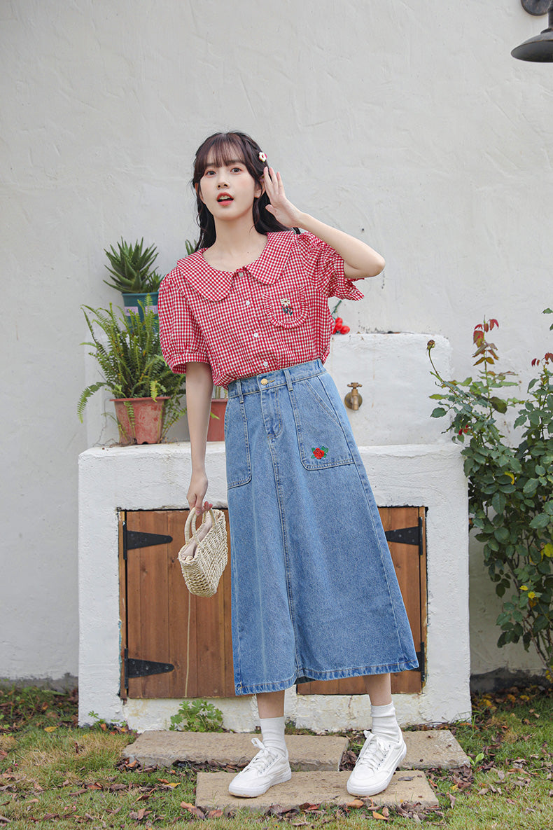 Daisy Pocket Gingham Blouse (Red)