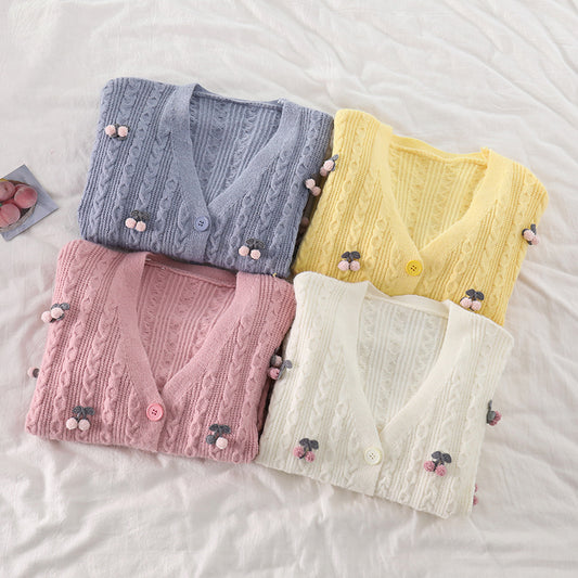 Cherry Pom Pom Cardigan (4 Colors)