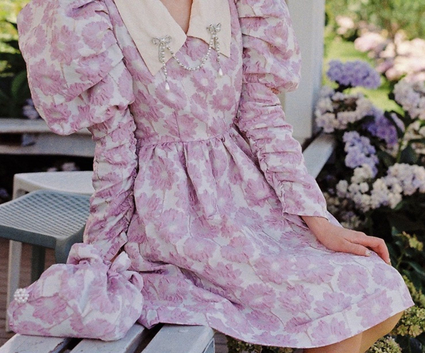 Puff Sleeve Daisy Jacquard Dress (Pink)