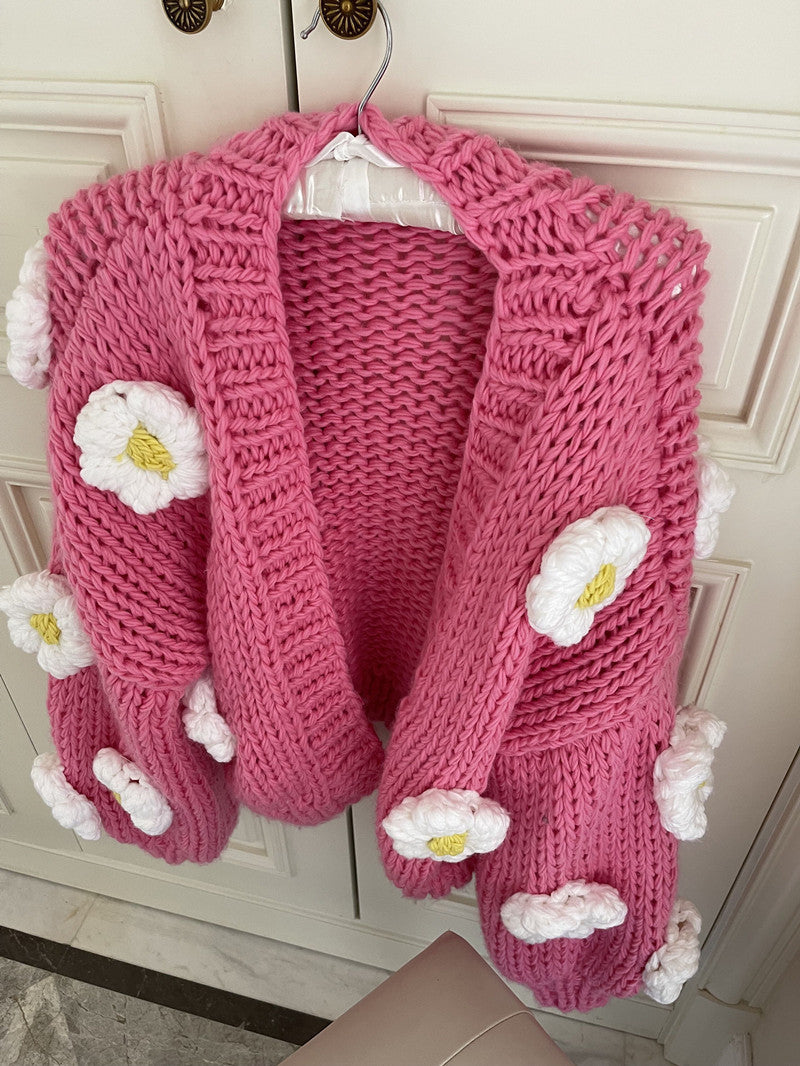 Chunky Daisy Cropped Cardigan (Pink)