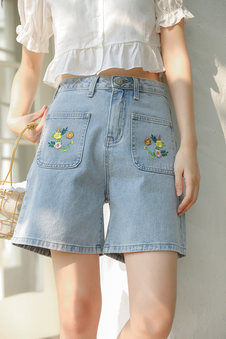 Flower Crown Embroidered Shorts (Light Denim)