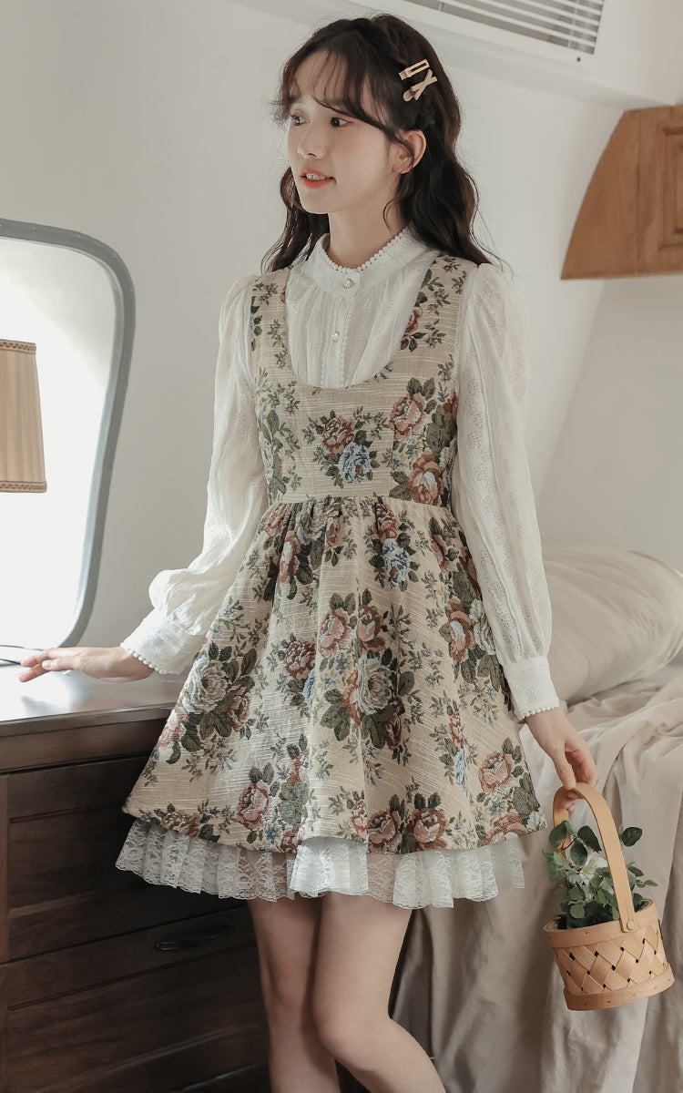 Rustic Rose Babydoll Dress (Beige)