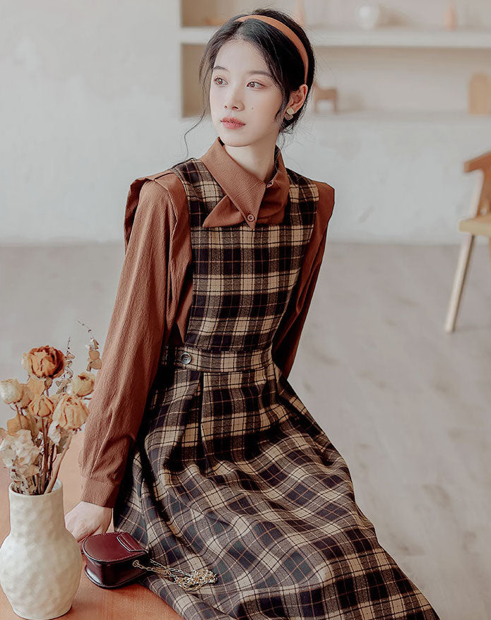 Crepe Plaid Pinafore Dress Set (2 Colors)