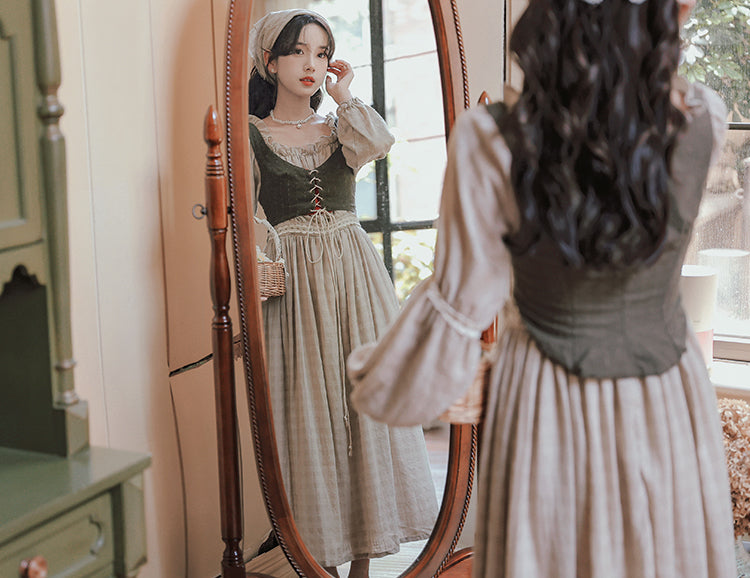 Country Corset Midi Dress (Beige/Olive)