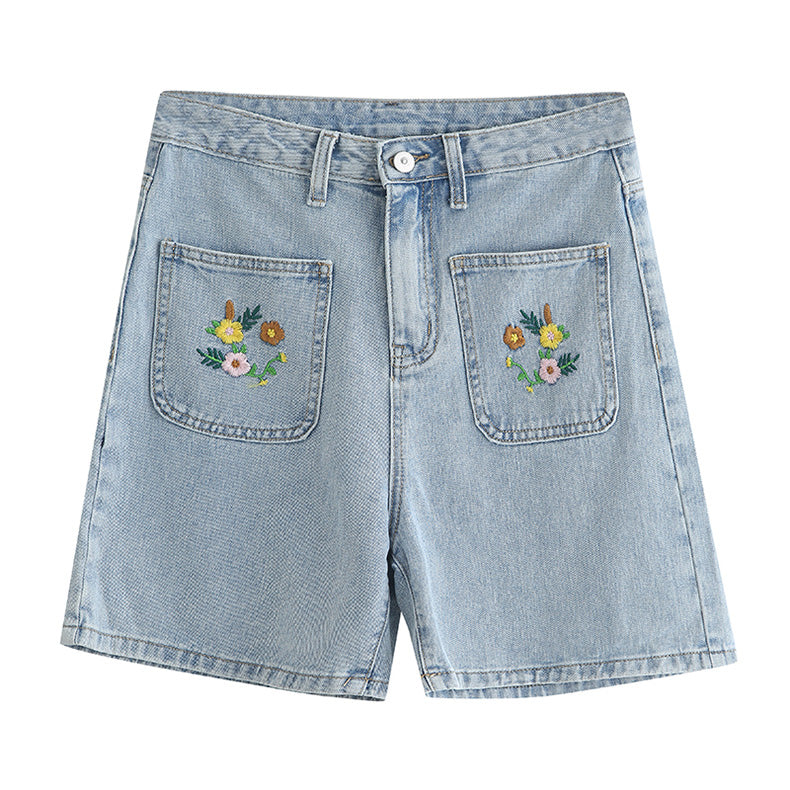 Flower Crown Embroidered Shorts (Light Denim)