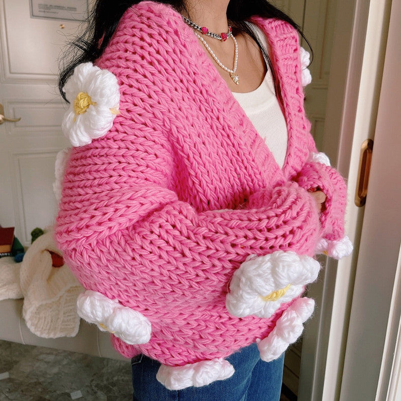 Chunky Daisy Cropped Cardigan (Pink)