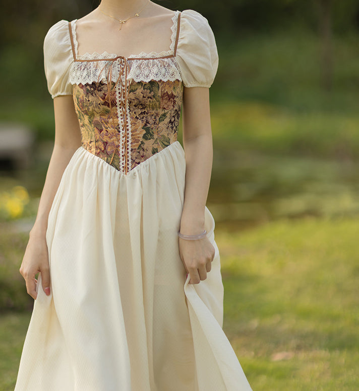 Rustic Floral Countryside Midi Dress (Cream)