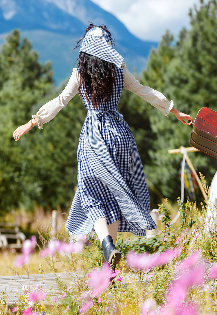 Gingham Pastures Twofer Midi Dress (Blue/White)