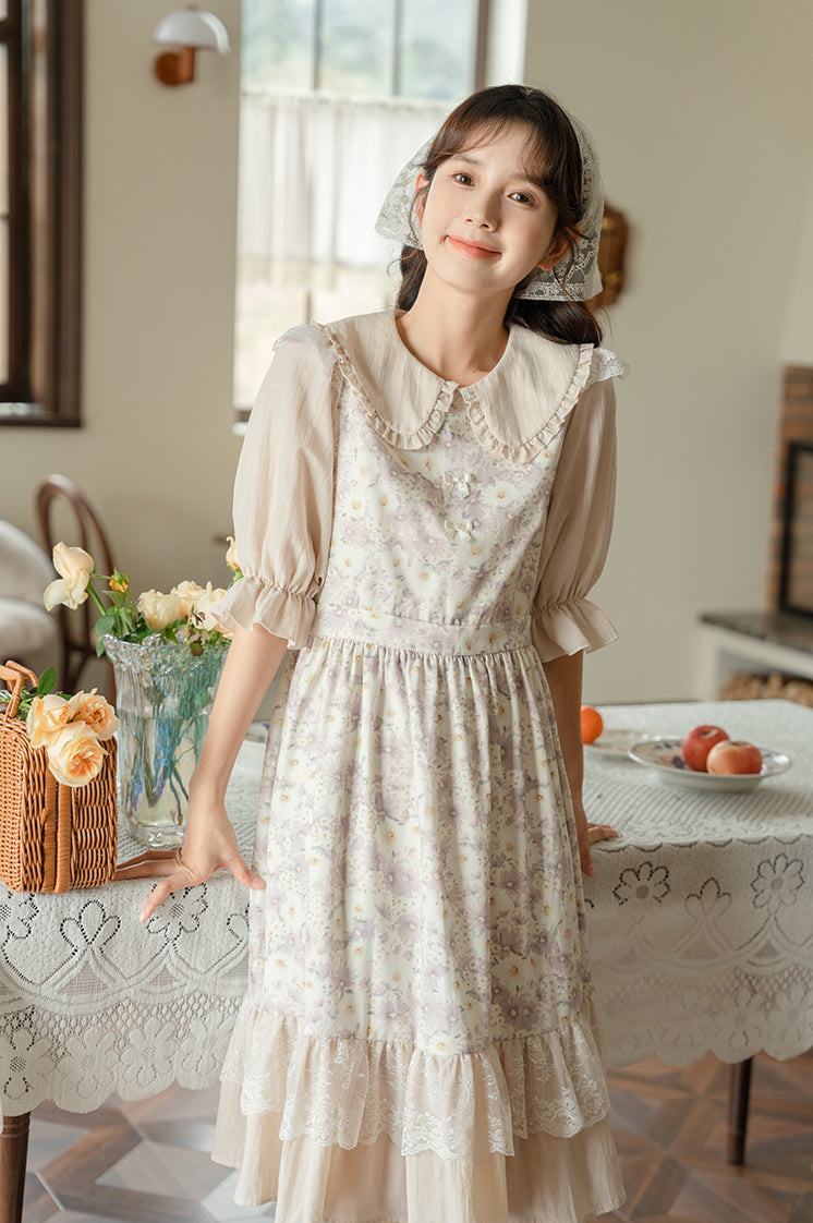 Daisy Maiden Midi Dress (Beige/Lilac)