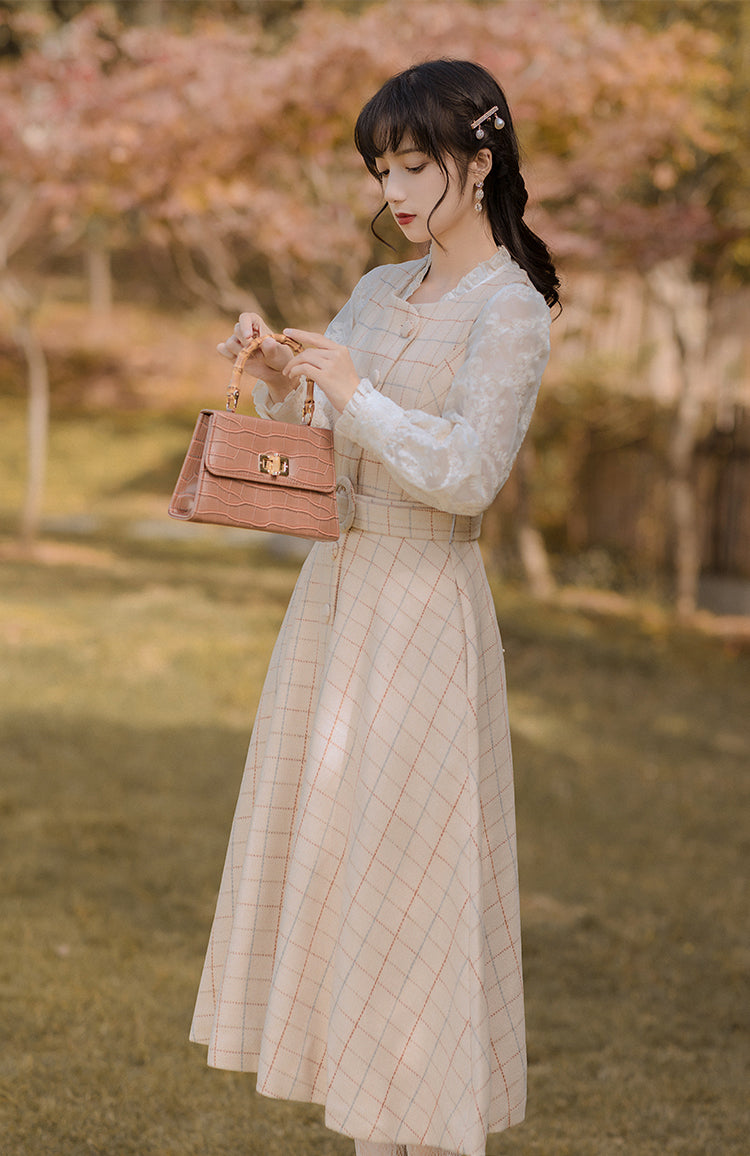 Milky Plaid Tweed Button Up Dress (Cream/Brown)