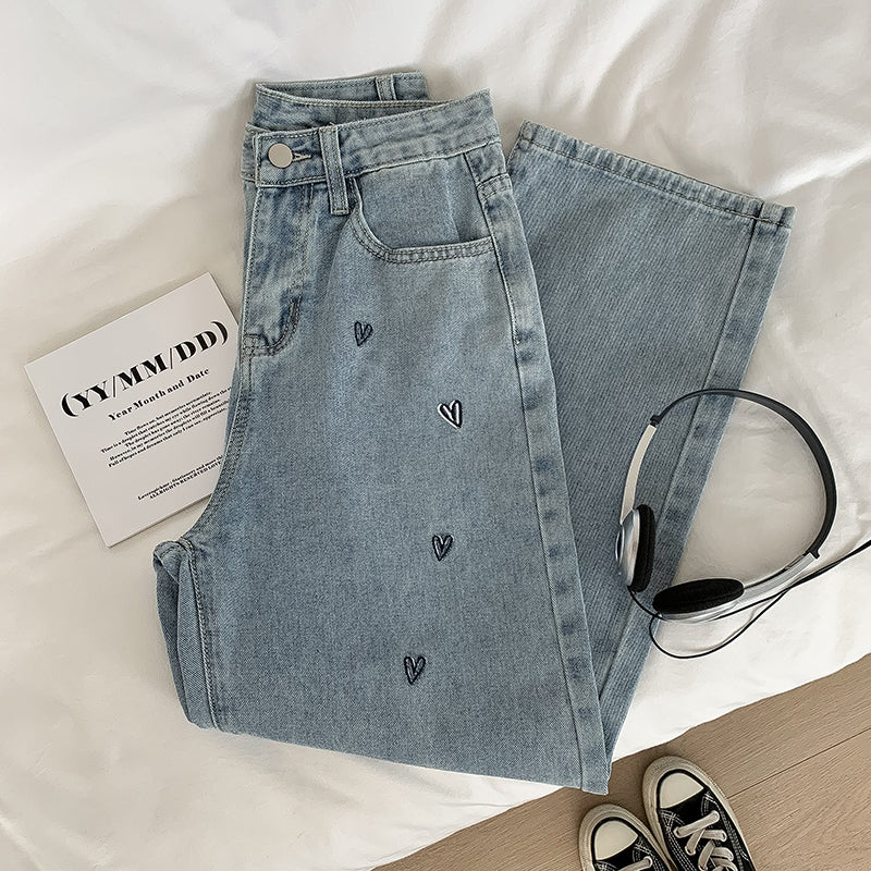 Doodle Hearts Embroidered Jeans (Light Denim)