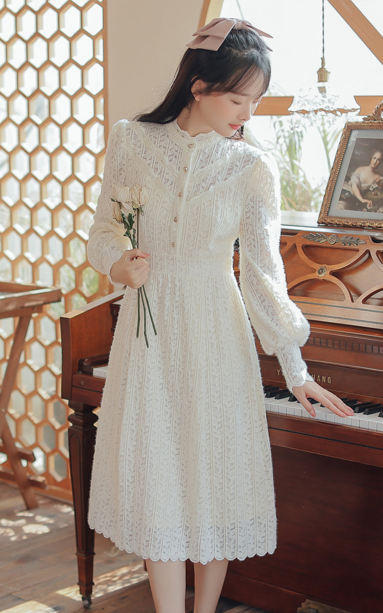 Lace & Vines Midi Dress (White)