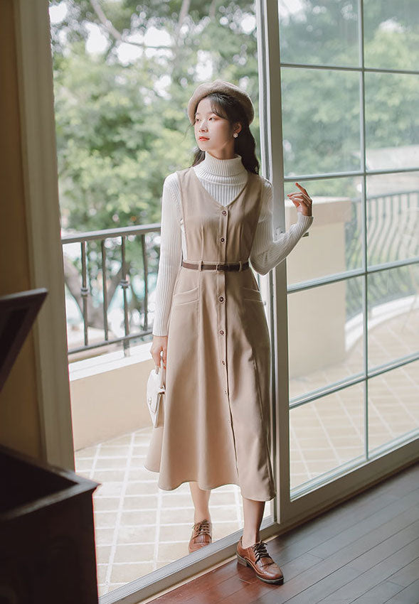 Button Up Suede Pinafore Dress (4 Colors)