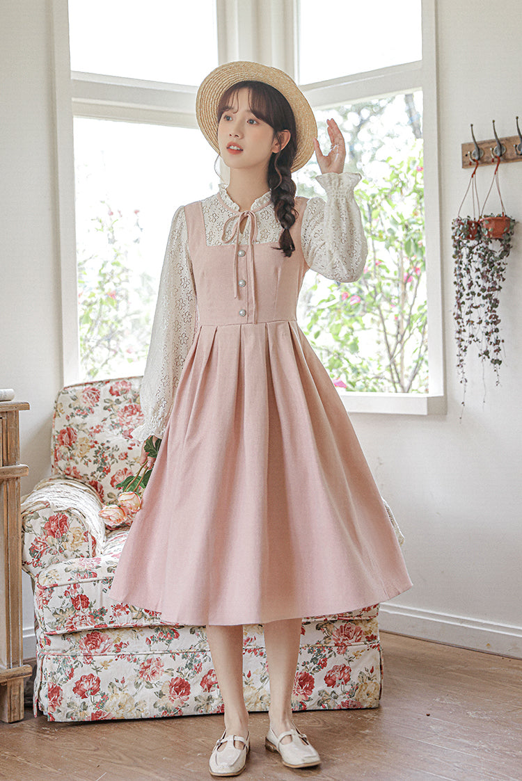 Floral Lace Twofer Midi Dress (Pink/White)