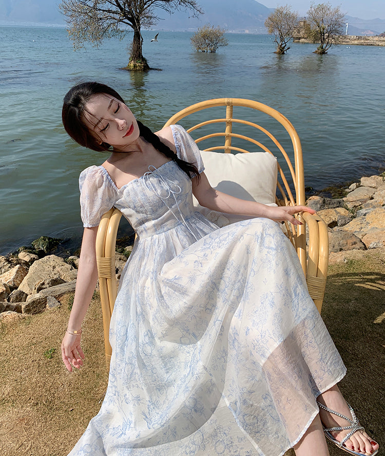 Porcelain Sketch Midi Dress (White/Blue)