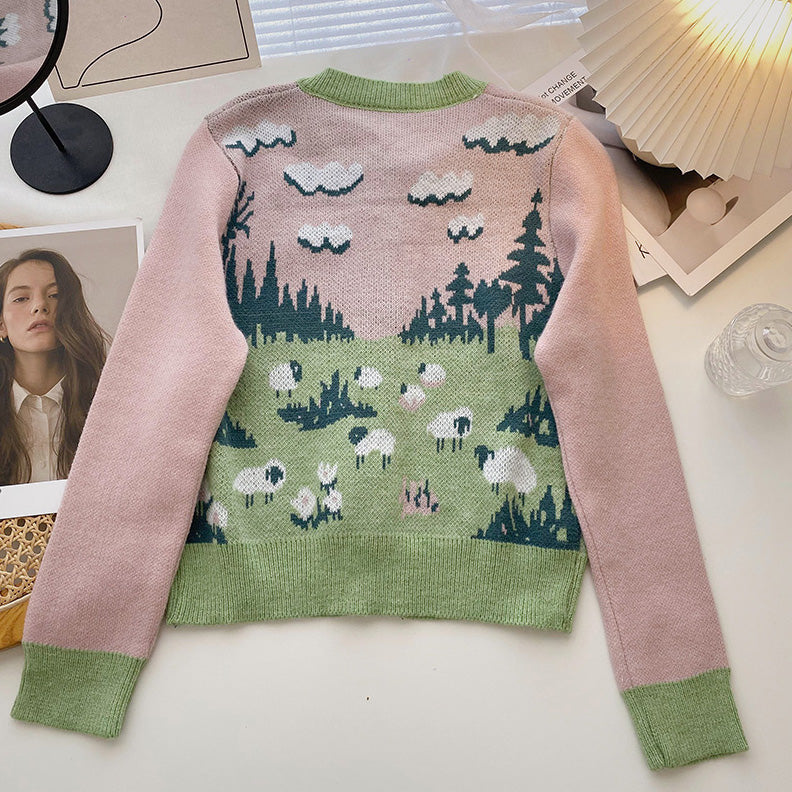 Country Sheep Cardigan (Pink/Green)
