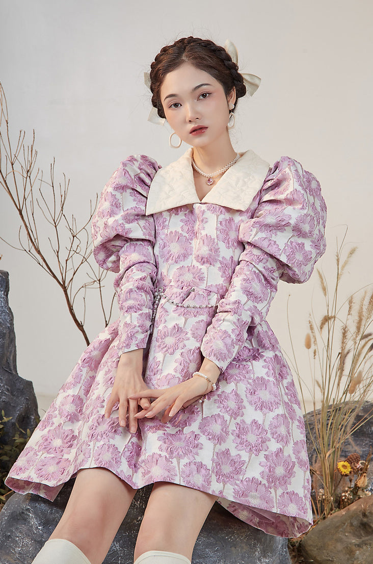Puff Sleeve Daisy Jacquard Dress (Pink)
