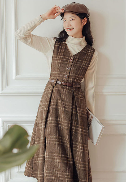 Coffee Plaid Midi Pinafore Dress (Brown)