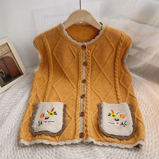 Embroidered Flower Pocket Vest (3 Colors)