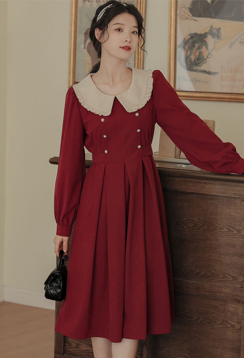 Corduroy Suede Peter Pan Midi Dress (3 Colors)