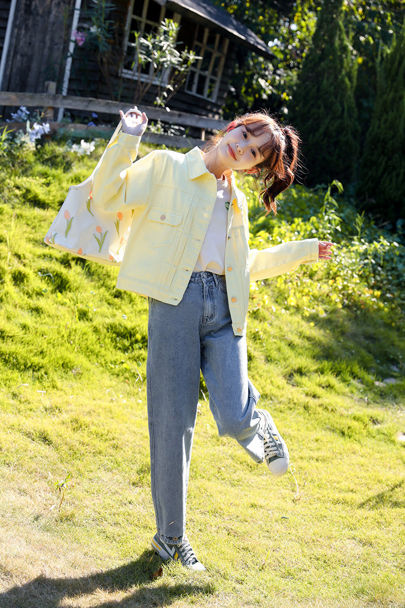 Flower Hem Embroidered Jeans (Acid Wash)