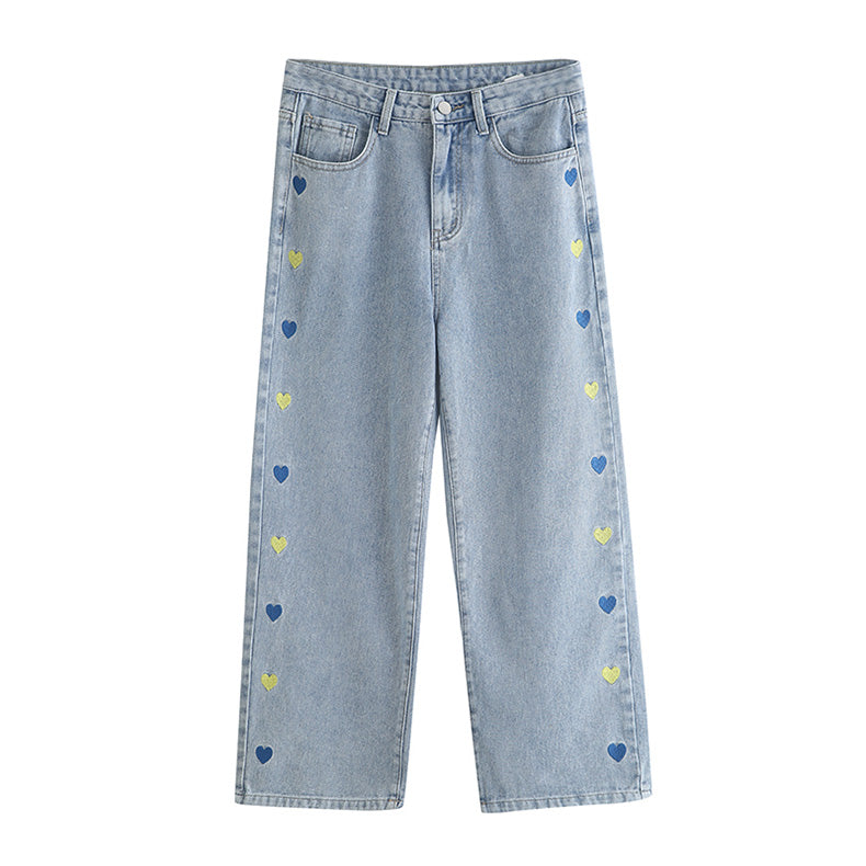Retro Hearts Embroidered Jeans (Light Denim)