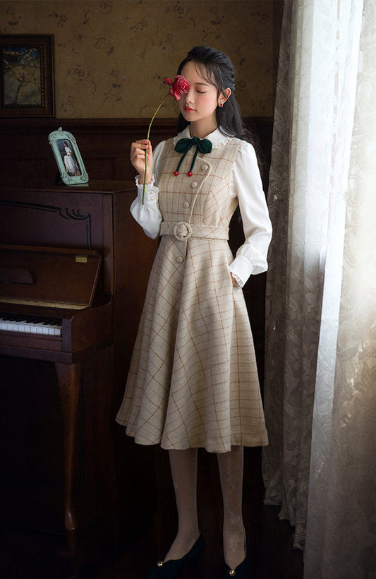 Milky Plaid Tweed Button Up Dress (Cream/Brown)