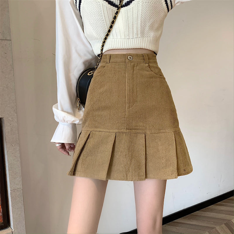 Corduroy Mermaid Pleated Skirt (2 Colors)