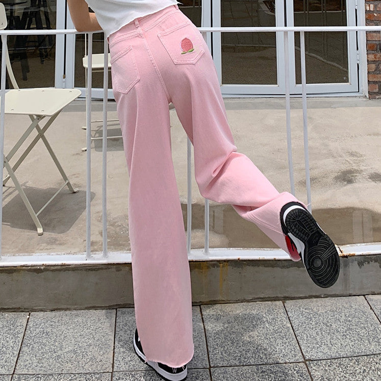 Embroidered Peach Jeans (Pink)