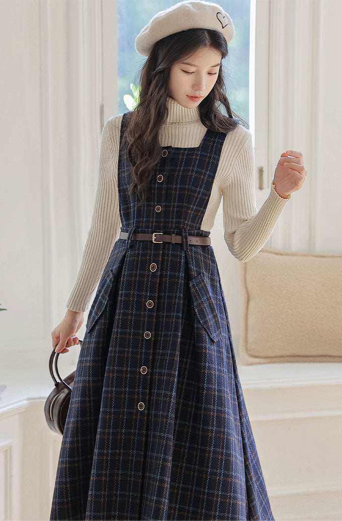 Button Up Plaid Pinafore Dress (2 Colors)