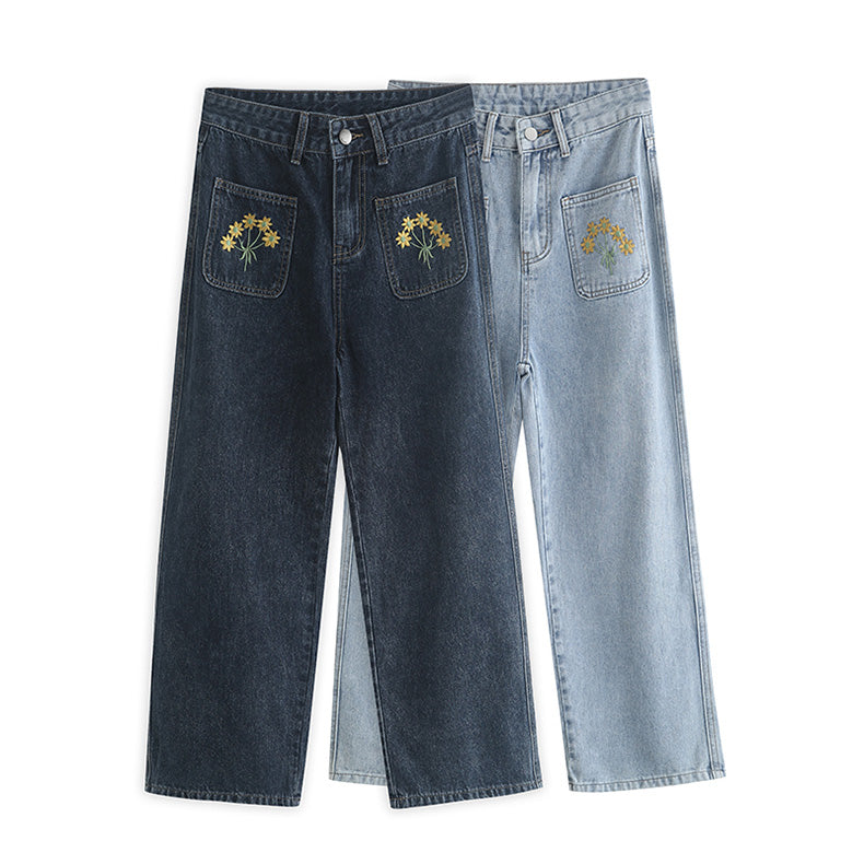Embroidered Sunflower Pocket Jeans (2 Colors)