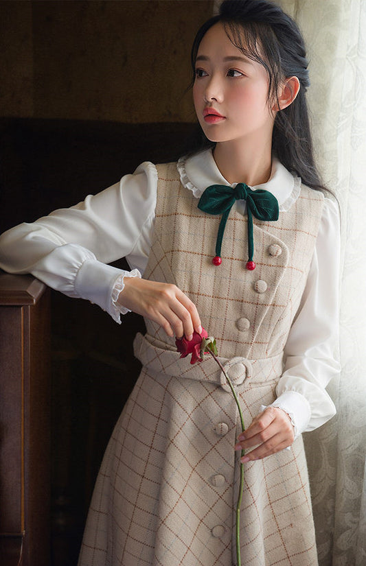 Milky Plaid Tweed Button Up Dress (Cream/Brown)