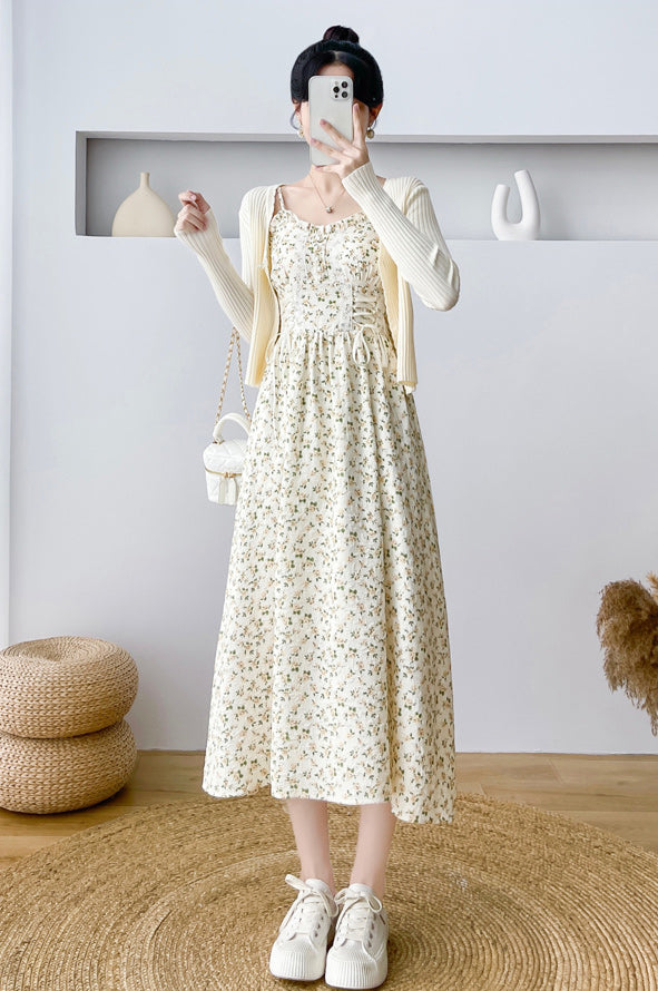 Spring Rose Lace Up Cami Dress (Cream)