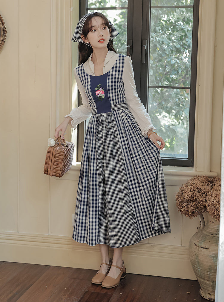 Gingham Pastures Twofer Midi Dress (Blue/White)