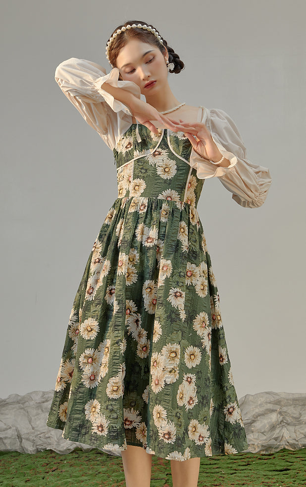 Daisy Cottage Midi Dress (Green)