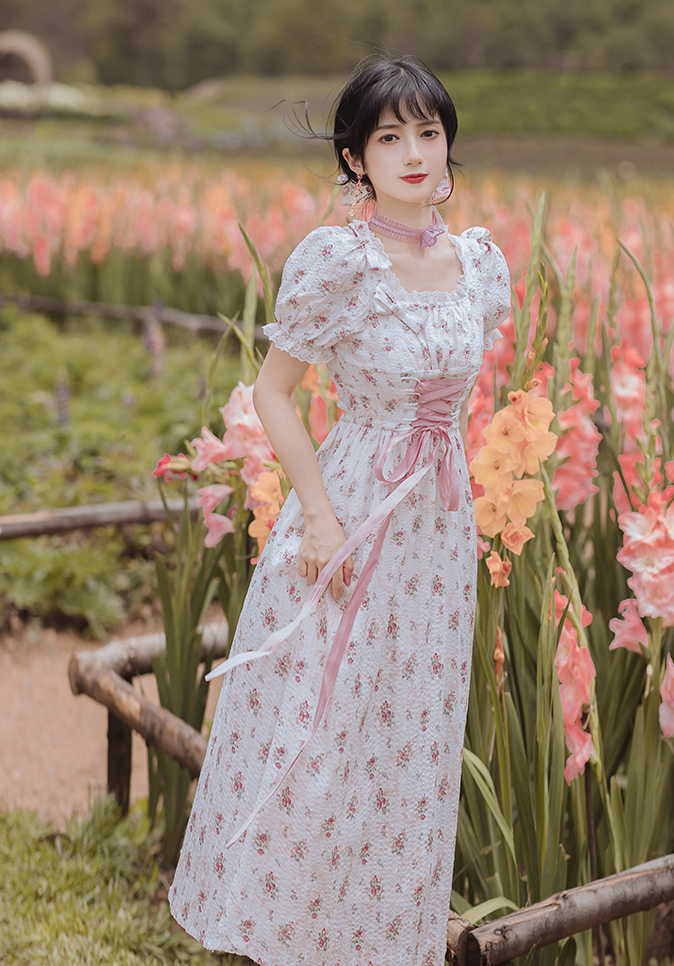 Spring Fling Lace Up Floral Dress (White/Pink)