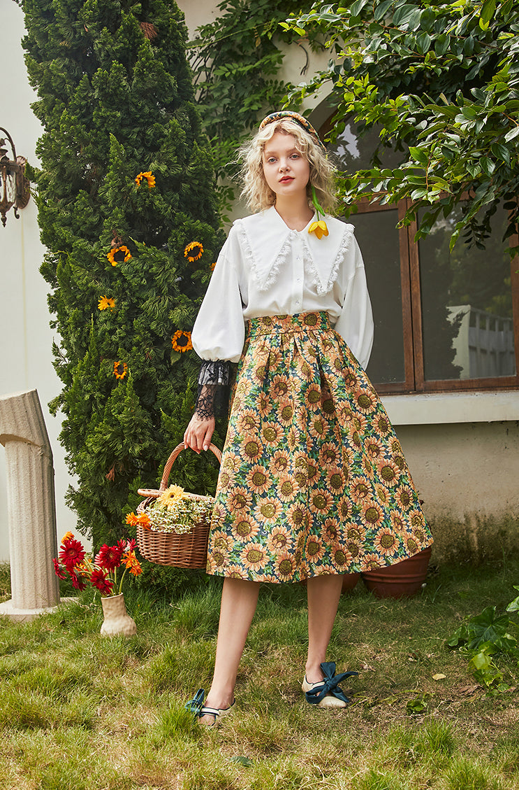 Sunflower Jacquard Midi Skirt (Blue/Yellow)