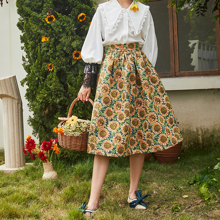 Sunflower Jacquard Midi Skirt (Blue/Yellow)
