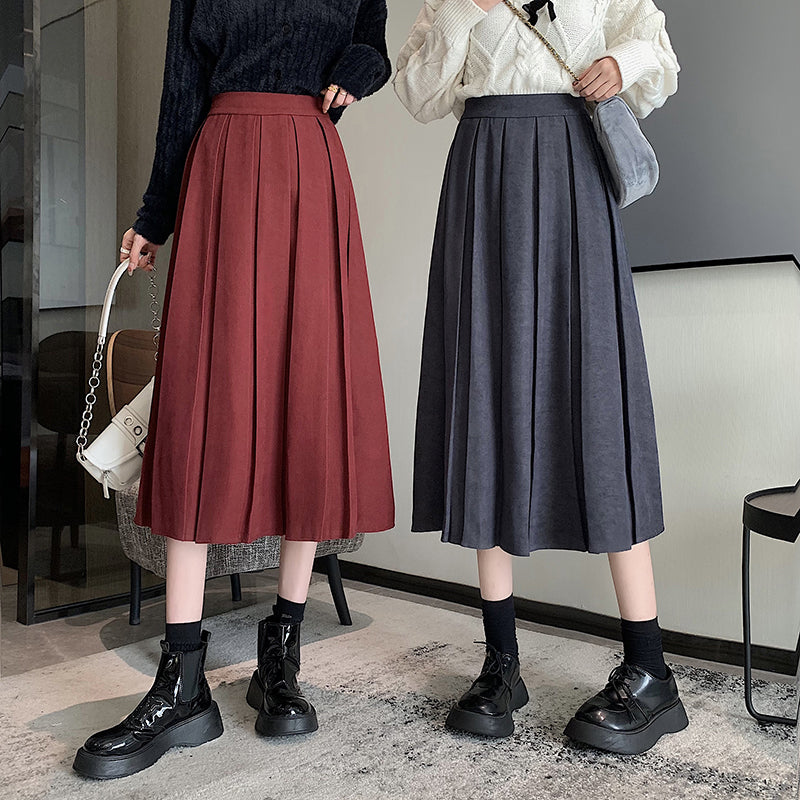 Corduroy Suede Pleated Midi Skirt (6 Colors)